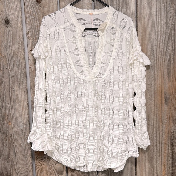 Free People Candy Shop Lace Bohemian Tunic Top Ivory White - Picture 6 of 7
